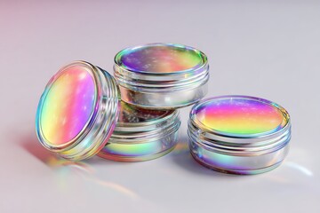 Poster - Colored holographic containers stacked on a smooth surface reflecting light in a creative arrangement