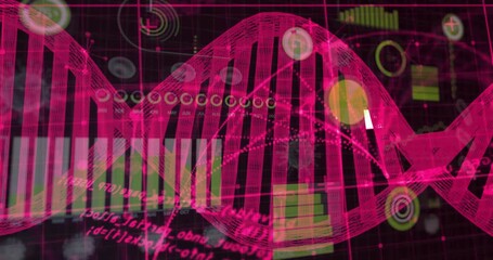 Poster - Interface activating, pink DNA helix forming, rotating while revealing charts for genetic analysis