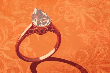 Poster - Elegant pear-shaped diamond ring set on a textured orange background showcasing intricate design details