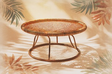 Poster - Stylish round rattan coffee table showcased with natural light and soft shadows in a tropical-inspired setting