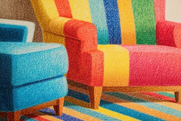 Poster - Colorful striped chairs and rug create a vibrant interior design setting in a cozy living room during daylight hours