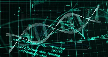 Poster - DNA helix emerging scanning line causing pulses centering as nodes and code intensifying for study