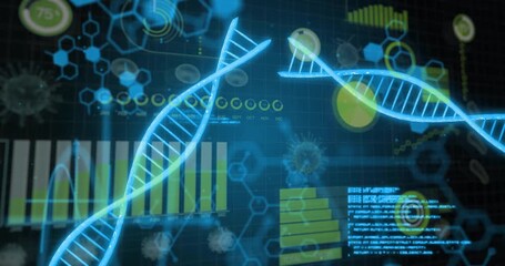 Poster - Blue DNA helices sweeping in, scrolling code, charts emerging, rotating to frame genetic analytics