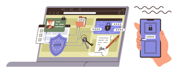 Poster - Laptop displaying GDPR shield, padlocks, document signing, and data profiles. Hand holds phone with unlocking screen. Ideal for cybersecurity, privacy, compliance, encryption data protection