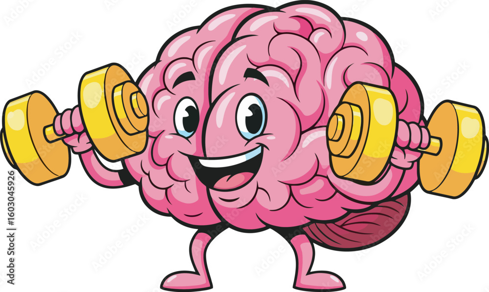 Cartoon brain character lifting weights, representing mental exercise ...