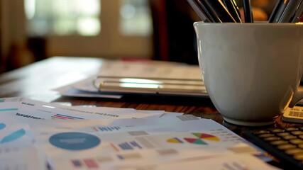 Poster - Detailed reports and analytical data displayed on a table with a cup and writing utensils in a bright workspace