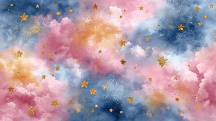 Wall Mural - Magical Watercolor Sky with Golden Stars