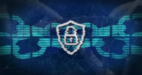 Poster - Streaking code initiating chain framing, glitching shield reforming showing blockchain security