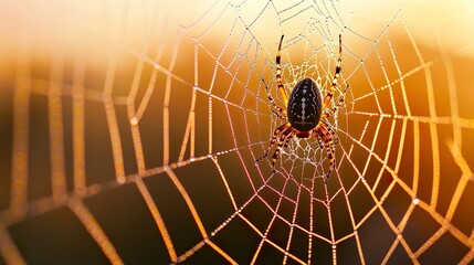 Macro photography of a dew-covered spider web with a trapped insect, dramatic