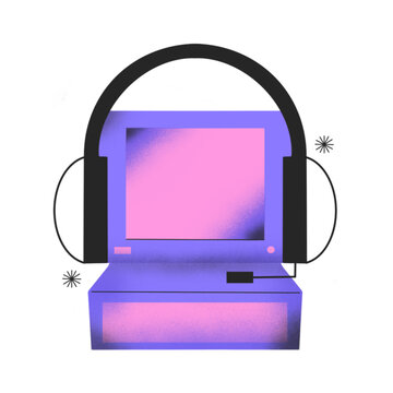 A computer with headphones illustration in geometric design bold colors and minimalist aesthetic isolated on transparent background