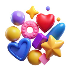 Poster - Colorful shapes assortment background 3d render geometric elements heart star sphere cube donut design art
