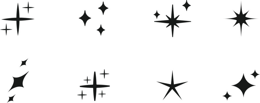 Star Icon Set – Collection of  Black Silhouettes Featuring Diverse Star Shapes and Accents Including Outlines, Bursts, and Plus-Sign Ornaments on White Background