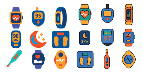 Poster - Collection of health and fitness related icons. The icons include a heart, a watch, a thermometer, a scale, and a clock