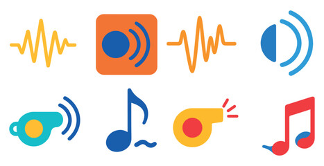 Poster - Set of icons for music and sound effects. The icons include a whistle, a microphone, a speaker, and a drum. The icons are all in different colors and sizes, and they are arranged in a grid