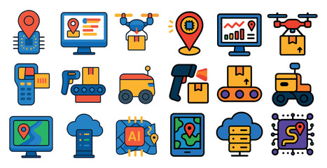 Poster - Collection of icons for various technology devices and tools. The icons include a computer monitor, a keyboard, a mouse, a cell phone, a tablet, a laptop, a printer, a scanner, a camera, a drone