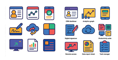 Poster - Set of icons for a CRM dashboard. The icons include a pen, a signature, a cloud, a computer monitor, and a keyboard