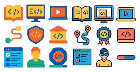 Poster - Collection of icons for various computer-related tasks, including a book, a computer monitor, a keyboard, and a mouse