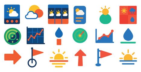 Poster - Collection of icons for weather and other weather related apps. The icons include a sun, clouds, rain, and a compass