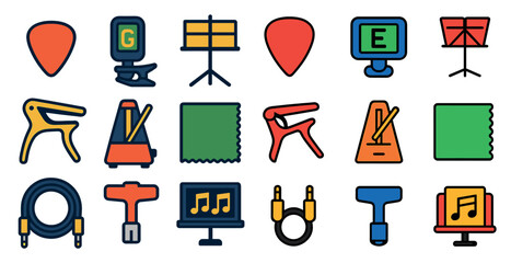 Poster - Collection of musical instruments and accessories. The instruments include a guitar, a keyboard, and a drum. The accessories include a tuner, a metronome, and a music stand