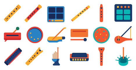 Aufkleber - Collection of musical instruments and accessories. The instruments include a flute, a tambourine, and a harmonica. The accessories include a toothbrush and a bowl. Scene is playful and whimsical