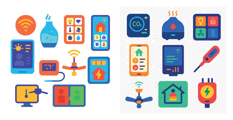 Poster - Collection of various home appliances and devices, including a cell phone, a laptop, a tablet, a smart TV, a smart speaker, a smart thermostat, a smart light, a smart plug, a smart light switch,