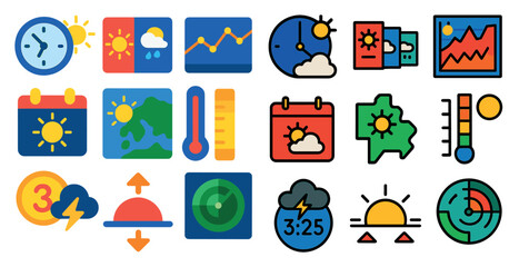 Poster - Collection of weather icons including a clock, a calendar, a thermometer, and a sun