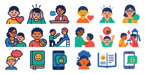 Poster - Collection of cartoon faces with different expressions, including happy, sad, and angry. The images are arranged in a grid, with some overlapping each other
