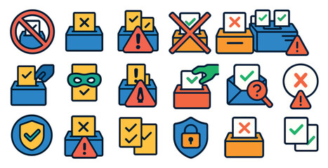 Poster - Set of blue and yellow icons with a red X on them. The icons include a check mark, a question mark, a lock, a key, a shield, a box with a red X, and a box with a green X
