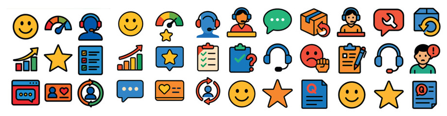 Fototapete - Collection of icons with a smiling face on the left and a frowning face on the right. The icons include a star, a heart, a check mark, a clipboard, a cup, a person with headphones