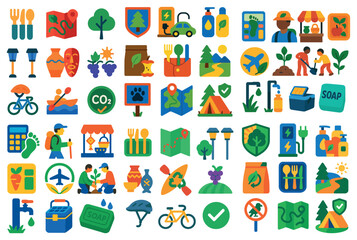 Fototapete - Collection of icons for various things like food, travel, and outdoor activities. The icons are colorful and include a variety of items such as a bicycle, a kayak, a tent, and a bottle of soap