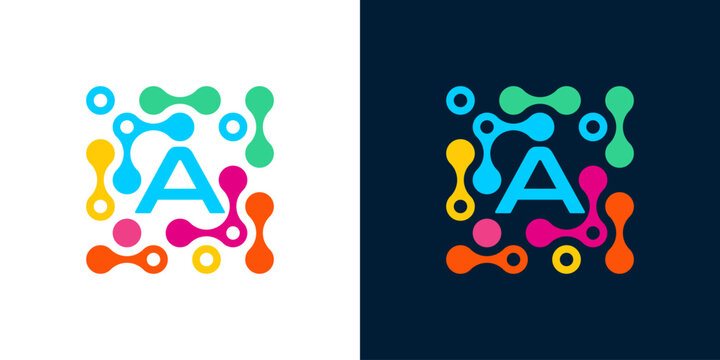 Letter A logo design template with connecting circles. Science and medicine symbol with geometric dotted circles. Universal energy and technology vector icon.