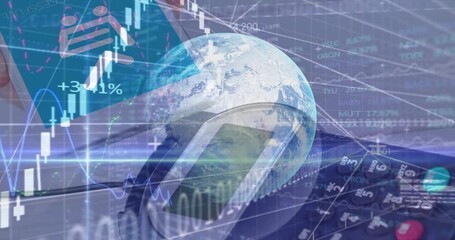 Poster - Overlay appearing, charts fluctuating beside rotating globe and POS terminal showing market trends