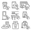 © Tanya - Contactless Payment Icons. Line style icons of food and beverage contactless: tap to pay coffee, mobile payment at restaurant, tap