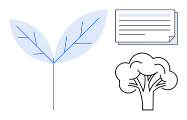 Poster - Minimal leaf design, outlined tree, and document icon emphasize nature, growth, eco-consciousness, and sustainability. Ideal for green practices, education, conservation biology ecology