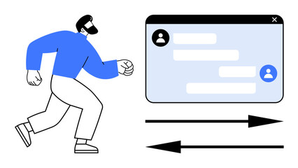 Poster - Man moves toward a digital chat window displaying conversations with directional arrows. Ideal for messaging apps, communication, user interface, chat tools, teamwork, remote collaboration, simple