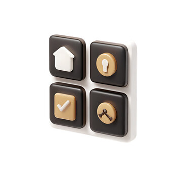 3 D rendered floating square blocks with icons for home key checkmark and clock isolated on a transparent background