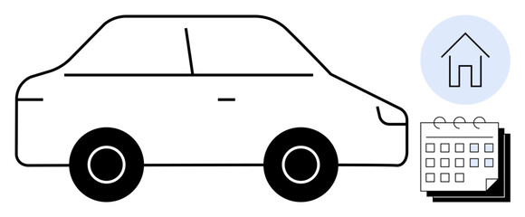 Poster - Side view of a car alongside a calendar and home icon. Ideal for transportation, planning, mobility, car rental, lifestyle, home commute, and time management. Simple flat metaphor