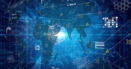 Poster - Board pulses causing world map reveal, data streams transforming into neon dollar showing finance