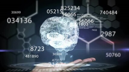 Poster - Hand appearing initiating wireframe brain projecting neural data, numbers orbiting rotating brain