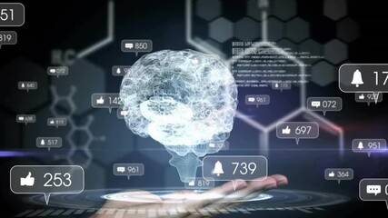 Poster - Sleeved hand hovering over pad fading icons forming rotating brain flattening showing social data