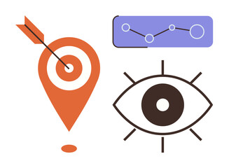 Poster - Dart hitting a location marker, line graph with data points, and an open eye symbolizing goals, strategy, analytics, accuracy, focus, vision and success. Ideal for business marketing data-driven
