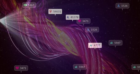 Poster - Light source emitting ribbons flowing with data icons updating social metrics and fading into stars