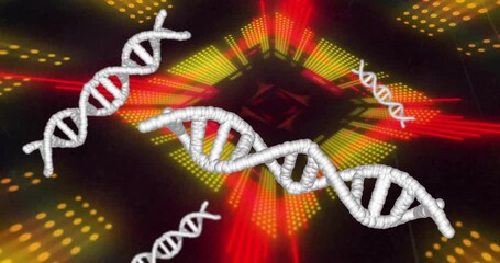 Poster - Dot matrix pulsing launching white DNA helix rotating, drifting to show genetics in 3D render