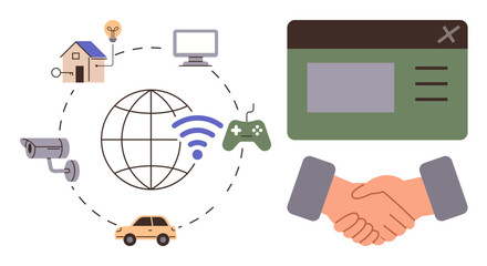 Poster - Globe, smart devices, handshake, and browser window depict connectivity, collaboration, smart tech, IoT advancements. Ideal for innovation, business IoT partnerships digital solutions tech