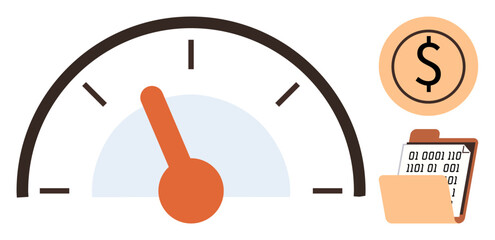 Poster - Speedometer with orange needle, folder with binary data, and dollar sign. Ideal for finance, efficiency, performance, analytics, economy optimization or productivity. Clean and simple flat metaphor