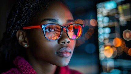Poster - Young Woman with Stylish Glasses Focused on Digital Screen in a Dark Room Surrounded by Technology