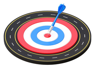 Poster - 3d illustration of circular road with target in the middle on isolated background. The path to the goal concept. Asphalt road and target with arrow. 