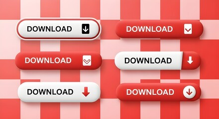 Poster - Download Button Set on Red and White Checkered Background | Collection of Vector UI Elements for Website, App, and Software Design