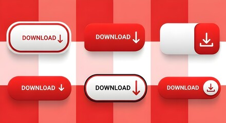 Fototapete - Download Buttons Vector Set | Red and White Web Elements with Arrow Icons for Website Design and UI
