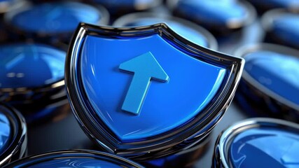Poster - Blue Shield with Arrow Symbol Representing Security and Protection Concept Visual